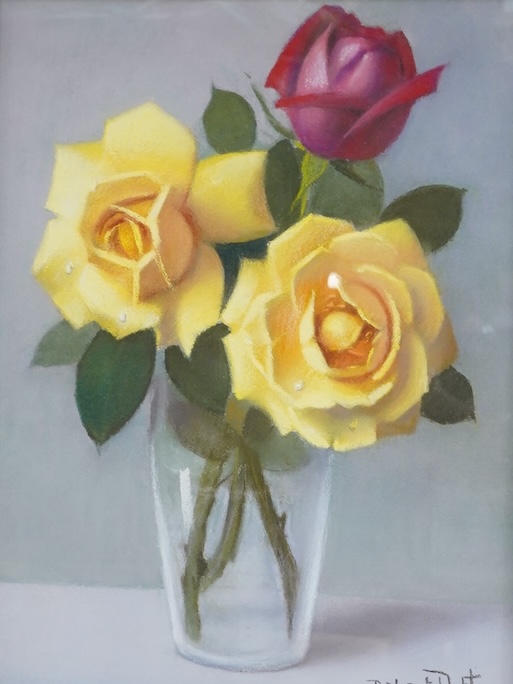 Robert Louis Raymond Duflos (1898-1929), Still life of yellow roses in a vase, signed, pastel, together with a similar oil on canvas, unsigned, largest 33 x 42cm, each in ornate frames